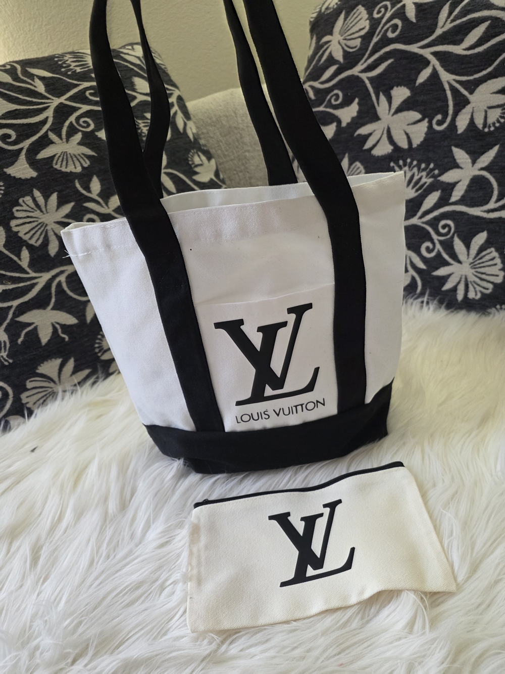 White & Black Canvas Tote Bag + Pouch